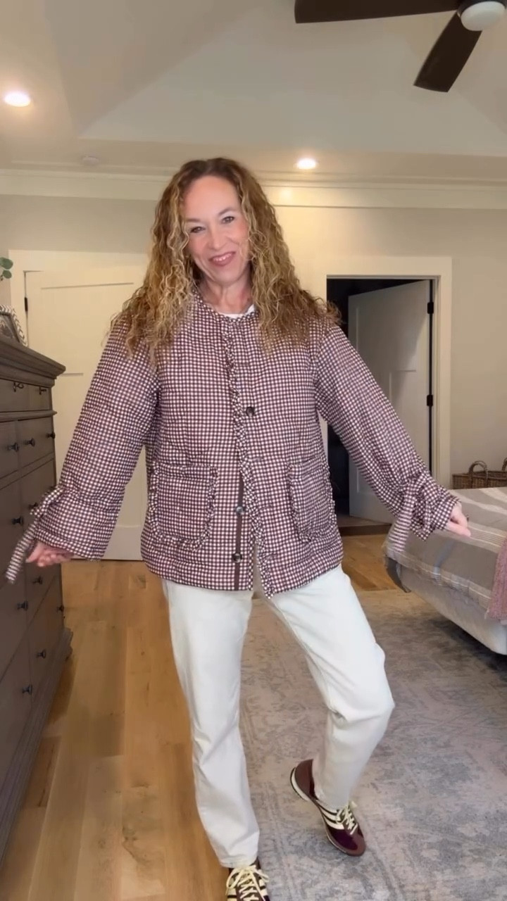 Sometimes all you need to make your outfit pop is a cute gingham jacket!!

This quilted style gingham jacket with ruffle trim and bow sleeve detail is the entire outfit!!

I'm wearing a small and it's roomie enough to layer underneath if it's colder or wear just over a tee when it's not super cold!

Comment jacket for link!!

#fashionover40 #midlifestyle #styleover40 #styleover50 #ginghamjacket