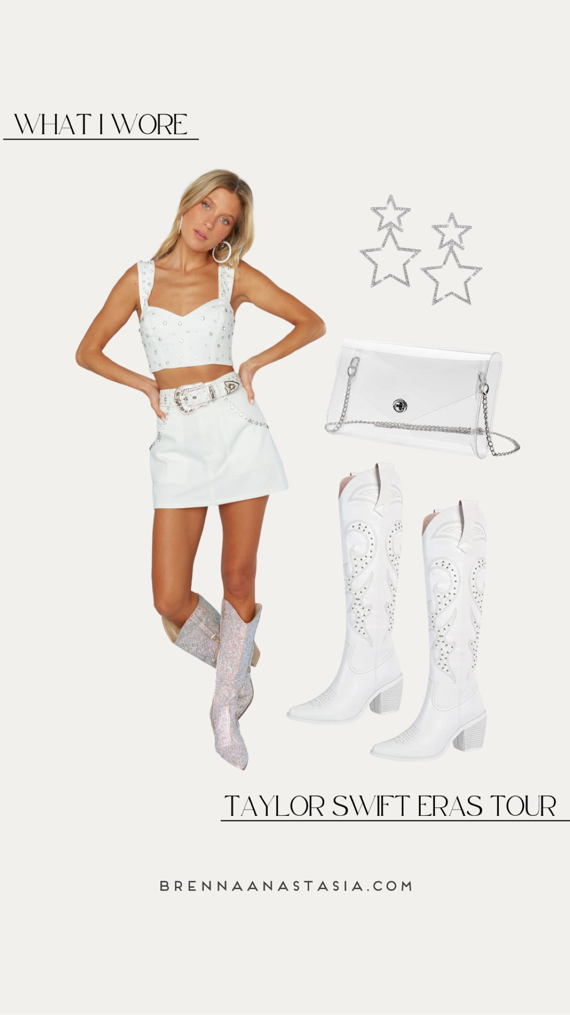 My Taylor Swift Eras Tour outfit! #whatiwore #cowboyboots #whiteskirt #denimskirt #sparklyearrings #clearbag

#LTKstyletip #LTKSeasonal #LTKFind