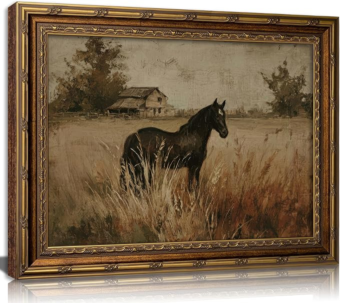 Vintage Gold Framed Horse Canvas Wall Art, Retro Rustic Farmhouse Animal Painting Picture Wall De... | Amazon (US)