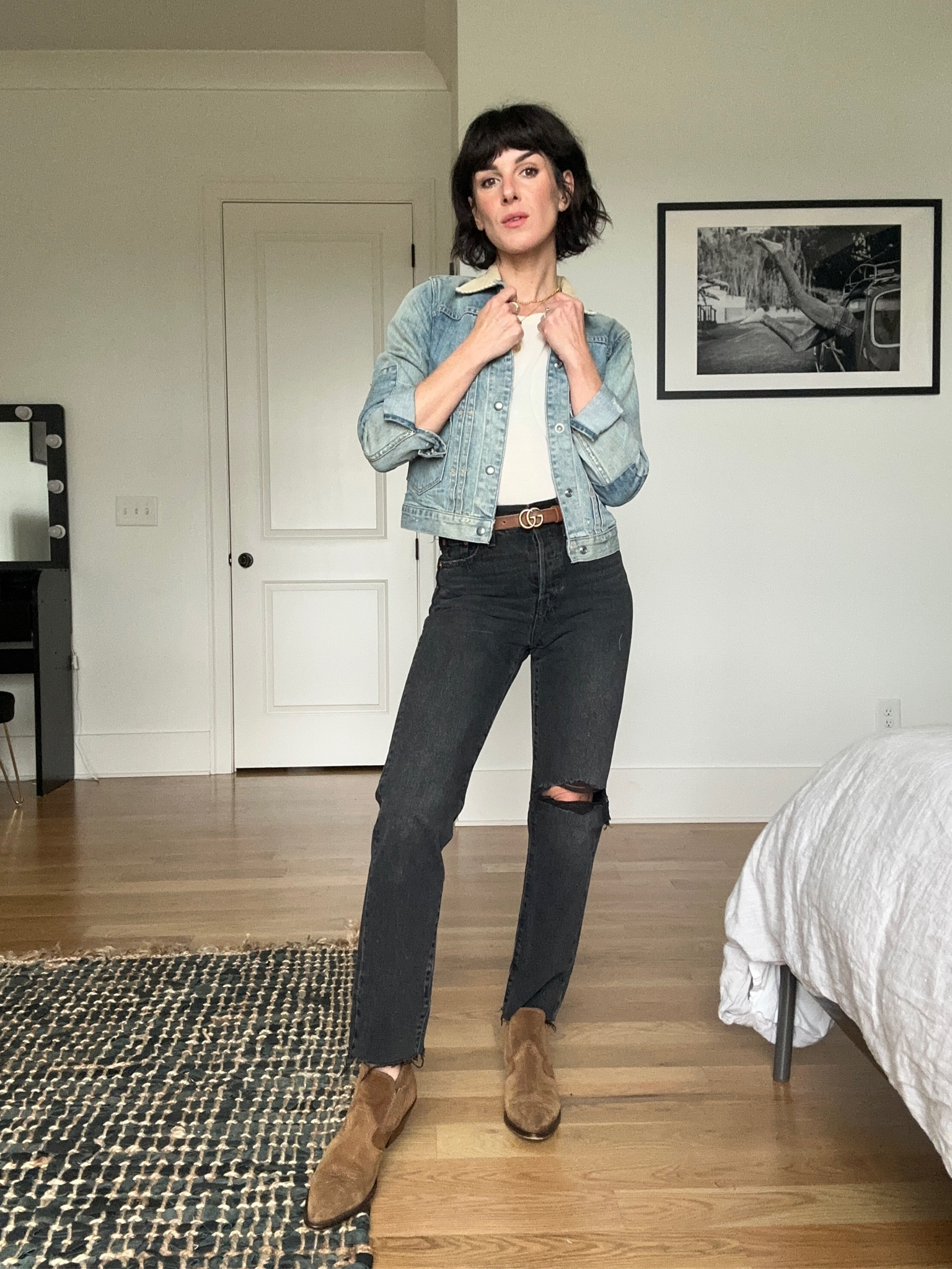 Nashville style at its finest! Love this mixed color take on a Canadian tuxedo. These black ripped jeans are my fave and look super cute with a cropped blue denim jacket on top. It’s also the perfect weather for brown suede boots so linked a ton of high and low options below! 

Fall fashion - fall outfit inspo- fall style - style inspo - country style - brown suede boots - boyfriend jeans - denim jacket - basic tee - white t-shirt

#LTKSeasonal #LTKstyletip #LTKshoecrush
