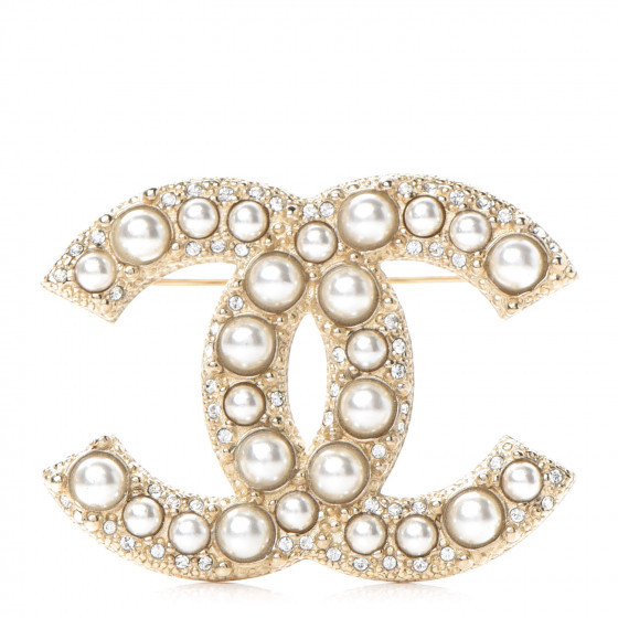 Crystal Pearl CC Brooch Gold | Fashionphile