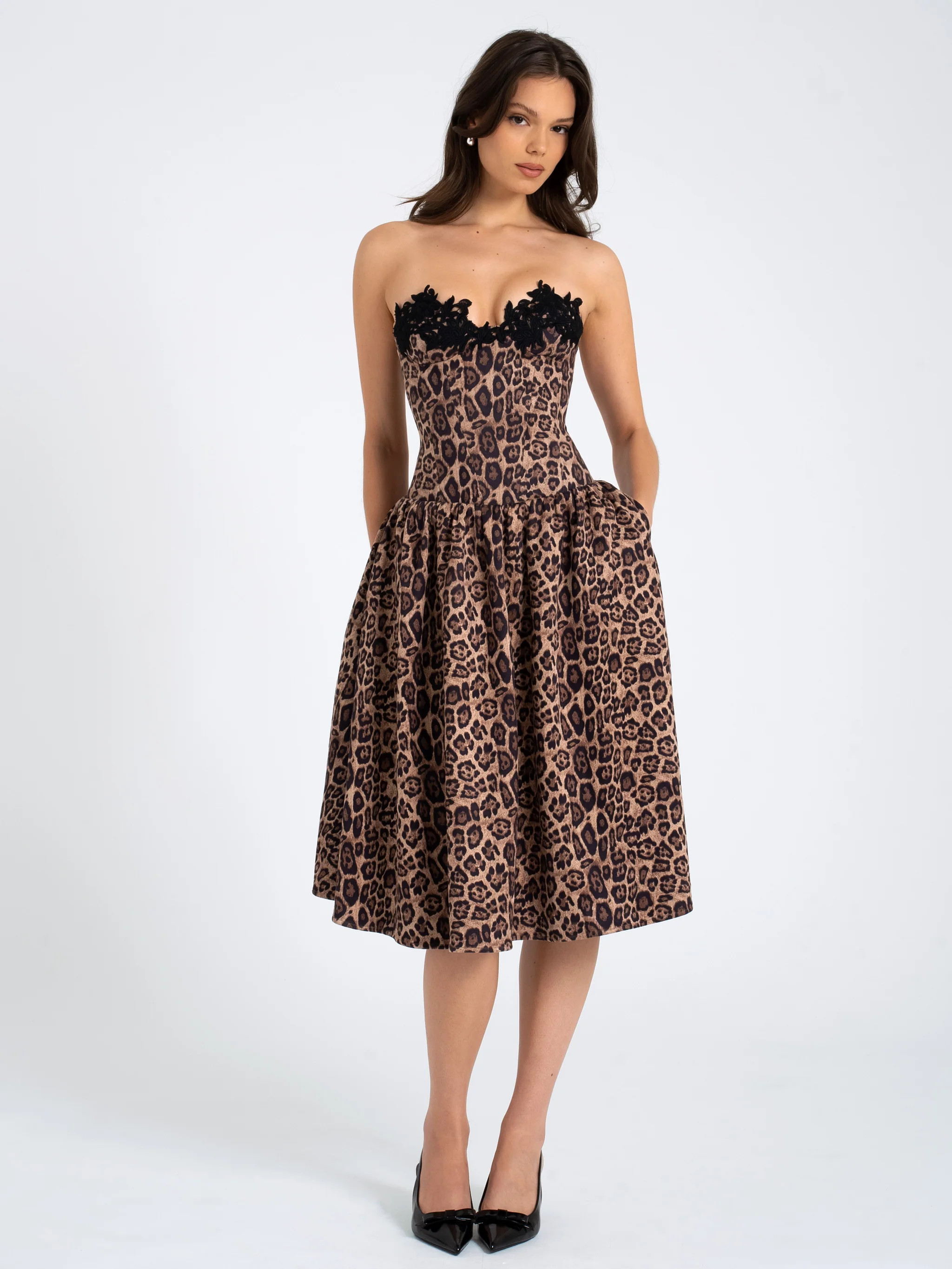 Uchenna Cheetah Print Stretchy Strapless Midi Dress with lace trim | Miss Circle
