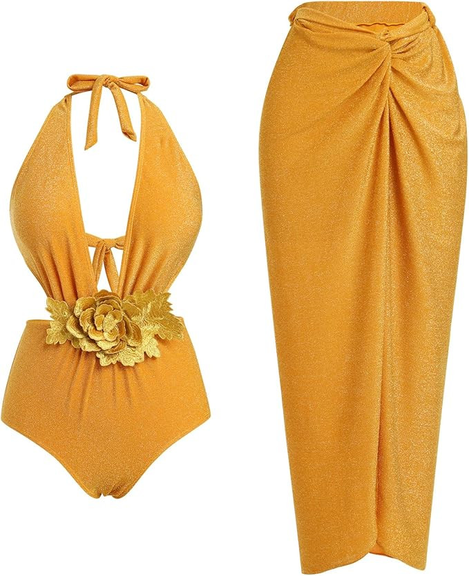 AFAVOM Women One Piece Swimsuit Sexy Floral Vintage Bathing Suit + Cover up Skirt 2PCS/3PCS Beach... | Amazon (US)