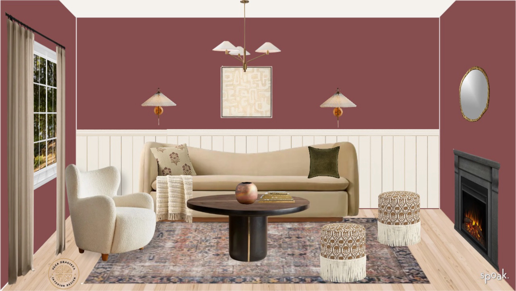 Cody living room design/moodboard with curvy neutral sofa, boucle curvy chair, abstract neutral art, oriental Loloi rug, floral ottomans, pleaded sconces, irregular mirror, beautiful chandelier, floral pillow, home decor, interior design 

#LTKSeasonal #LTKStyleTip #LTKHome