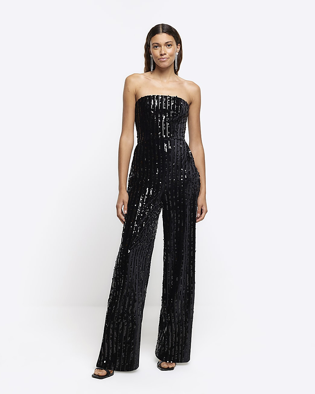 Black velvet sequin bandeau jumpsuit | River Island (UK & IE)