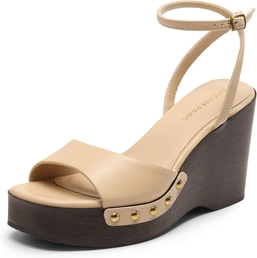 Amazon.com | DREAM PAIRS Wedge Sandals for Women,Dressy Platform Square-Toe Ankle Buckle Studded ... | Amazon (US)