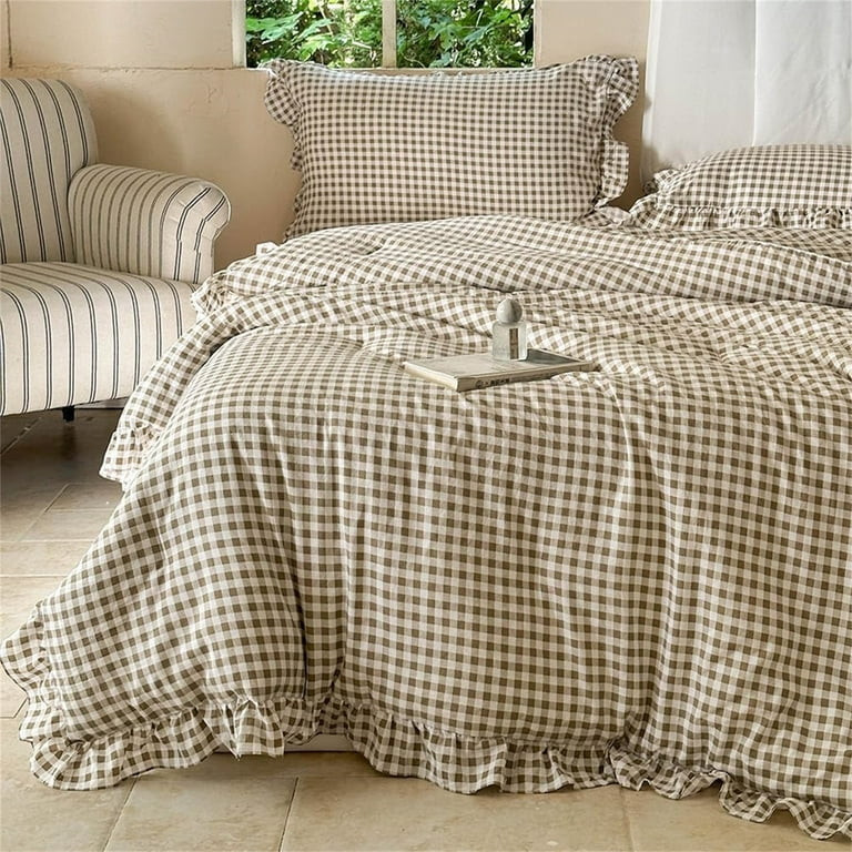 Tan Gingham Ruffle Queen Comforter Set, Taupe Ruffled Plaid Bedding Set, Ruffled Checked Bed Comf... | Walmart (US)
