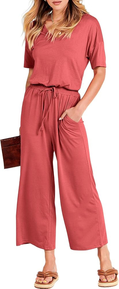 ANRABESS Women Short Sleeve Summer Casual V Neck Elastic Waist Wide Leg Cropped Pant Jumpsuits Ro... | Amazon (US)