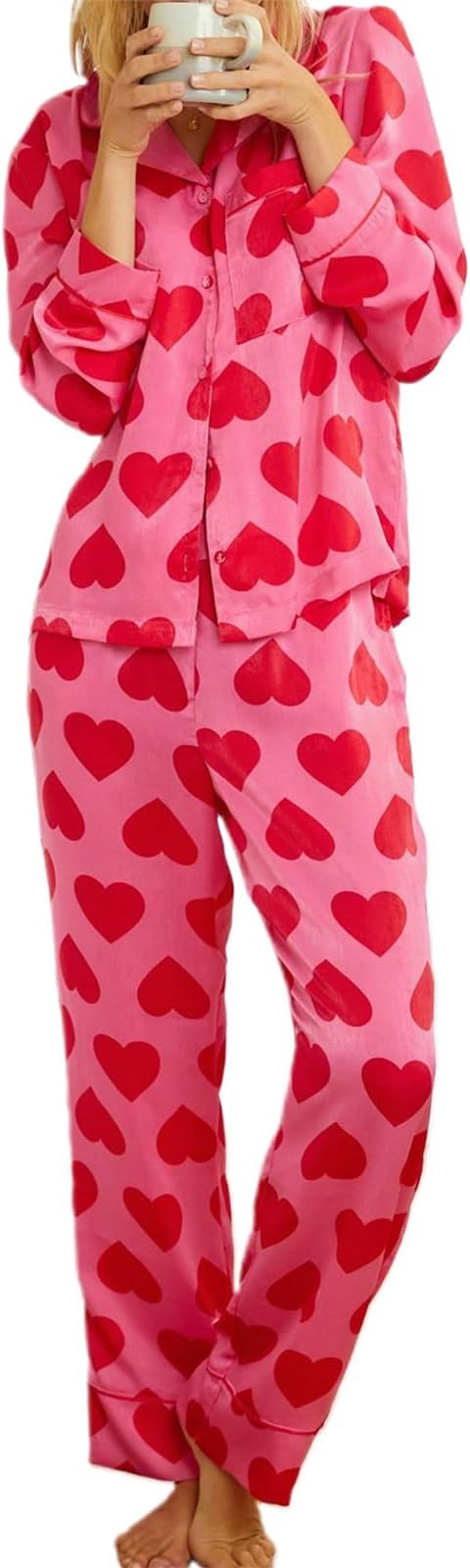 RUEWEY Women 2 Piece Pajama Set Heart Print Long Sleeves Button Down Lapel Shirt Long Pants Match... | Amazon (US)