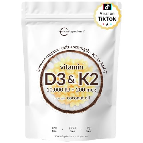 Micro Ingredients Vitamin D3 10,000 IU + K2 MK-7 200 mcg, 300 Softgels with Virgin Coconut Oil | 2-in-1 Vitamins D & K Complex | Extra Strength, Easy to Swallow, Non-GMO, Gluten Free | Amazon (US)