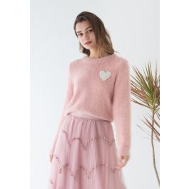 Pearly Heart Patch Soft Fuzzy Knit Sweater in Pink | Chicwish