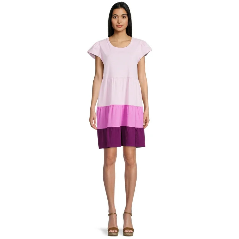 Time and Tru Women's Short Sleeve Tiered Knit Dress | Walmart (US)