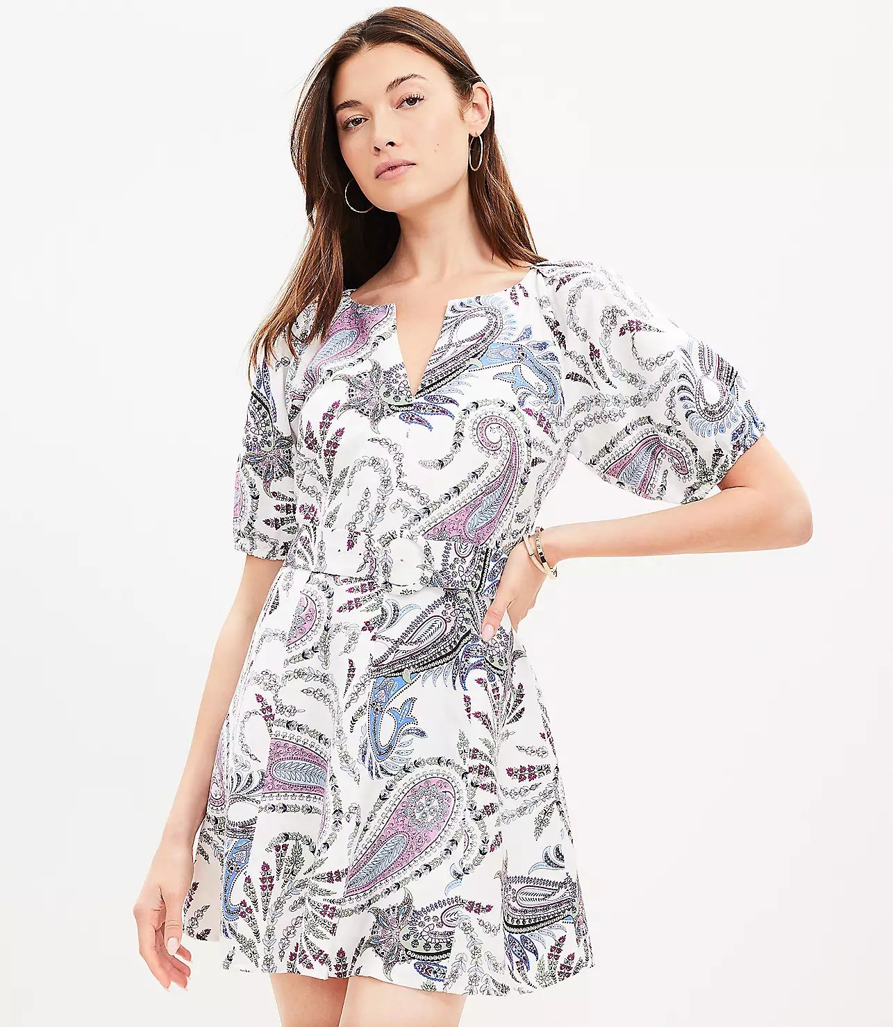 Paisley Linen Blend Belted Puff Sleeve Dress | LOFT