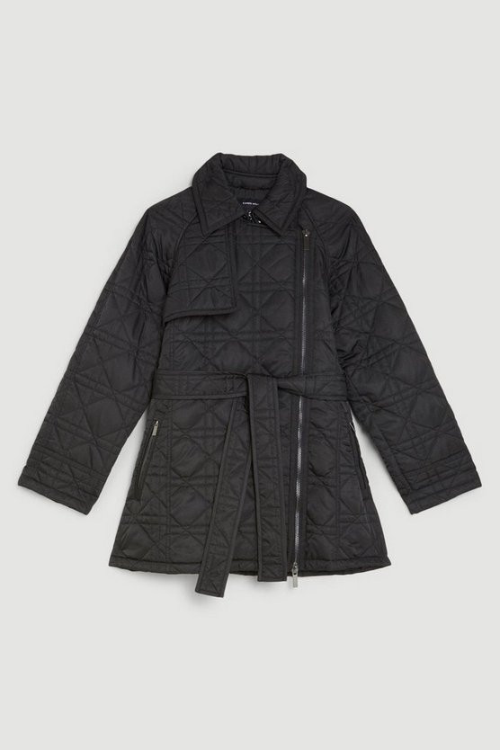 Tall Diamond Quilt Contrast Binding Belted Trench Coat | Karen Millen US