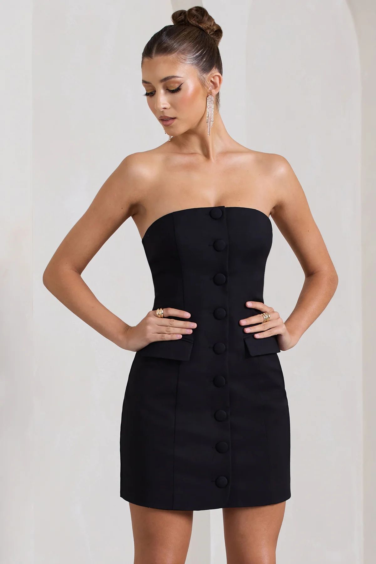 Rina | Black Strapless Tailored Mini Dress With Button Front | Club L London
