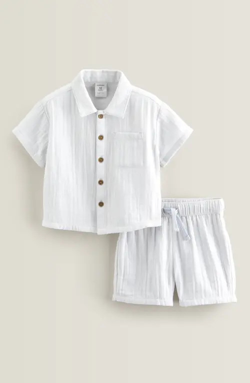 Nordstrom Stripe Short Sleeve Cotton Button-Up Shirt & Shorts Set in Blue Feather Fine Stripe at Nordstrom, Size 18M | Nordstrom