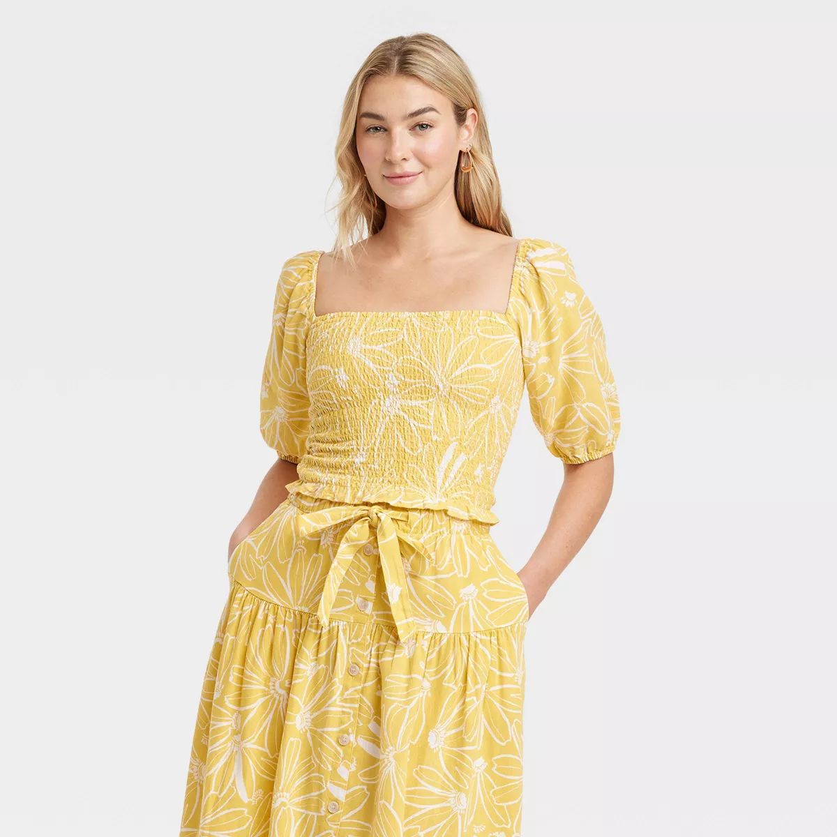 Women's Off Shoulder Puff Elbow Sleeve Blouse - Universal Thread™ Yellow Floral XS | Target