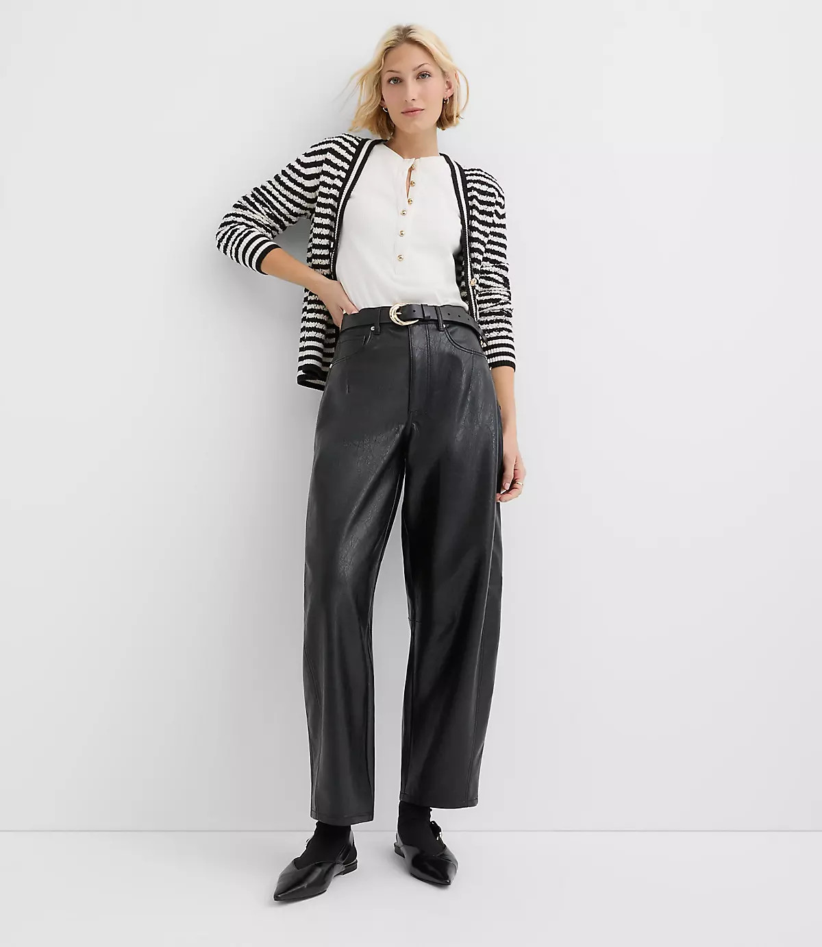 High Rise Horseshoe Seamed Barrel Jeans in Faux Leather | LOFT