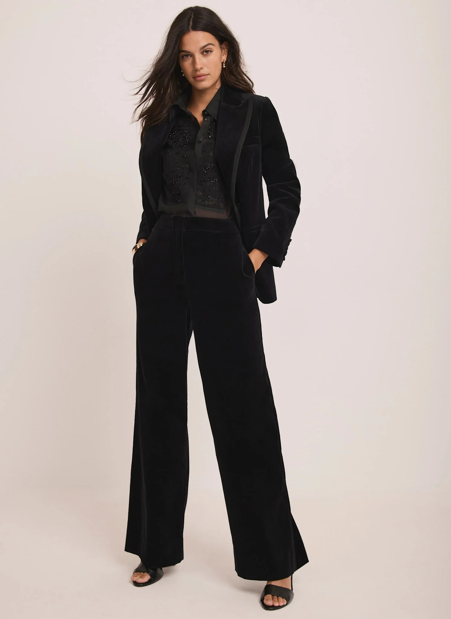 Black Velvet Wide Tailored Trousers | Mint Velvet