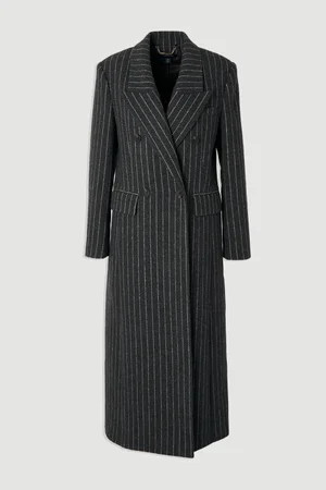 Brushed Wool Pinstripe Oversized Double Breasted Tailored Maxi Coat | Karen Millen UK + IE + DE + NL
