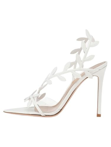 sexytag White Heels Clear Slingback Heeled Sandals for Women Flower Leaf Strappy Stiletto High Heels Pointed Open Toe Wedding Dress Party Prom Heel White Size 9 | Amazon (US)