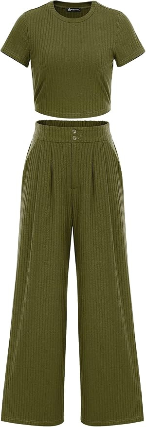 Pretty Garden Womens 2 Piece Summer Knit Short Sleeve Crop Tops Wide Leg Pants Tracksuit | Amazon (US)