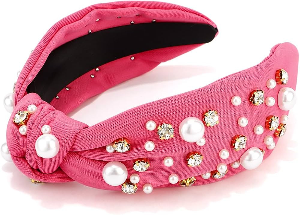 Knotted Headbands with Pearl Rhinestone Hot Pink Womens Headbands Wide Top Knot Headbands Beaded ... | Amazon (US)