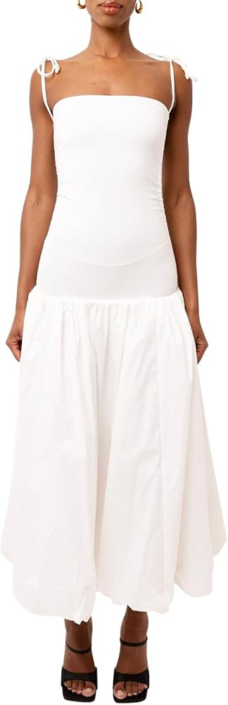 Women Tie Shoulder Midi Dress Spaghetti Strap Bubble Hem Puff Maxi Dress Drop Waist Vocation Summ... | Amazon (US)