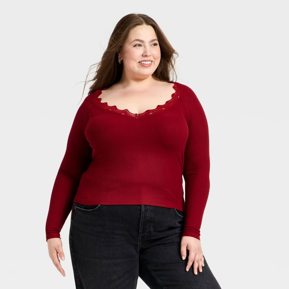 Women's Long Sleeve V-Neck Lace Trim T-Shirt - Universal Thread™ | Target