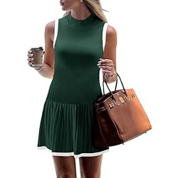 Wenrine Womens Sleeveless Summer Mini Dress Mock Neck Ribbed Knit Ruffle Pleated Cas… | Amazon (US)