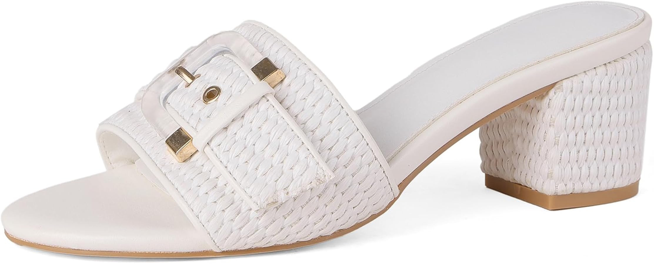 Women's Raffia Heeled Sandals Low Block Chunky Heel Sandals Open Toe Buckle Strap Beach Slip on M... | Amazon (US)