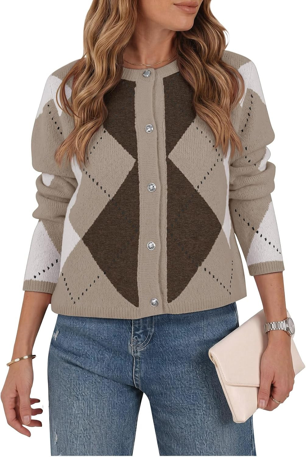 Saodimallsu Womens Color Block Argyle Cardigan Crew Neck Knit Sweater Tops | Amazon (US)