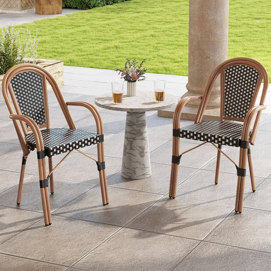 Tangkula Outdoor French Bistro Chairs Set of 2, Hand-Woven PE Wicker Patio Chairs with Armrests, ... | Amazon (US)