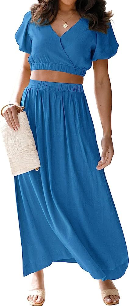 MEROKEETY Women's 2023 Summer Two Piece Outfits V Neck Puff Sleeve Crop Top and Flowy Maxi Skirt ... | Amazon (US)