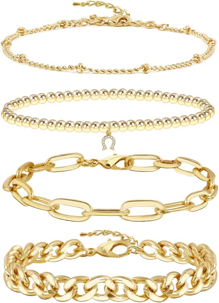 Gold Bracelets for Women Girls 14K Gold Plated Dainty Link Paperclip Choker Bracelet Stack Gold Smal | Amazon (US)