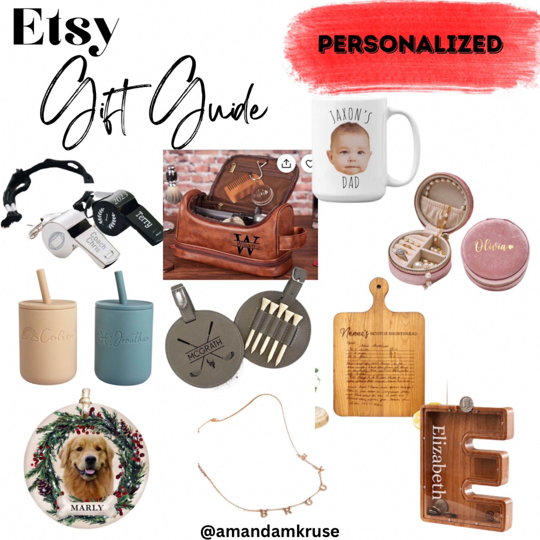 Personalized gifts from Etsy. 

Personalized gift guide, customized gift guide, holiday gift guide, personalized gifts, customized gifts, personalized whistle, name whistle, personalized toiletry bag, personalized photo mug, personalized jewelry box, personalized silicon sippy cup, personalized golf tag, handwritten recipe cutting board, pet ornament, name necklace, initial coin bank 

#LTKfindsunder50 #LTKCyberWeek #LTKGiftGuide