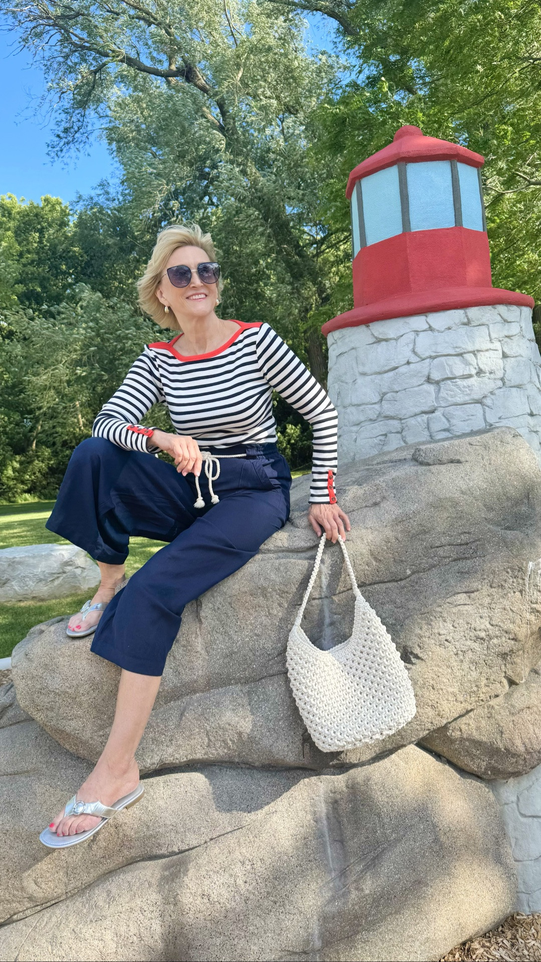 A little nautical moment never goes out of style ⚓️🤍💙

This Talbots look is giving me all the coastal vibes — a classic navy and white striped top paired with navy cropped pants, a rope belt and silver sandals. I love how the rope detail adds that subtle nautical touch without making the look feel too themed.

Classic, polished and effortlessly chic… exactly the kind of look I love for summer days by the water. ✨

#LTKOver40 #LTKSeasonal #LTKootd