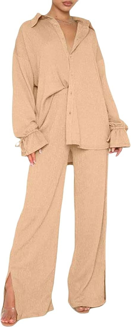 Women's Trendy Pleated Beach Matching Sets Summer Long Sleeve Button Down TShirt Micro Flare Pants 2 | Amazon (US)