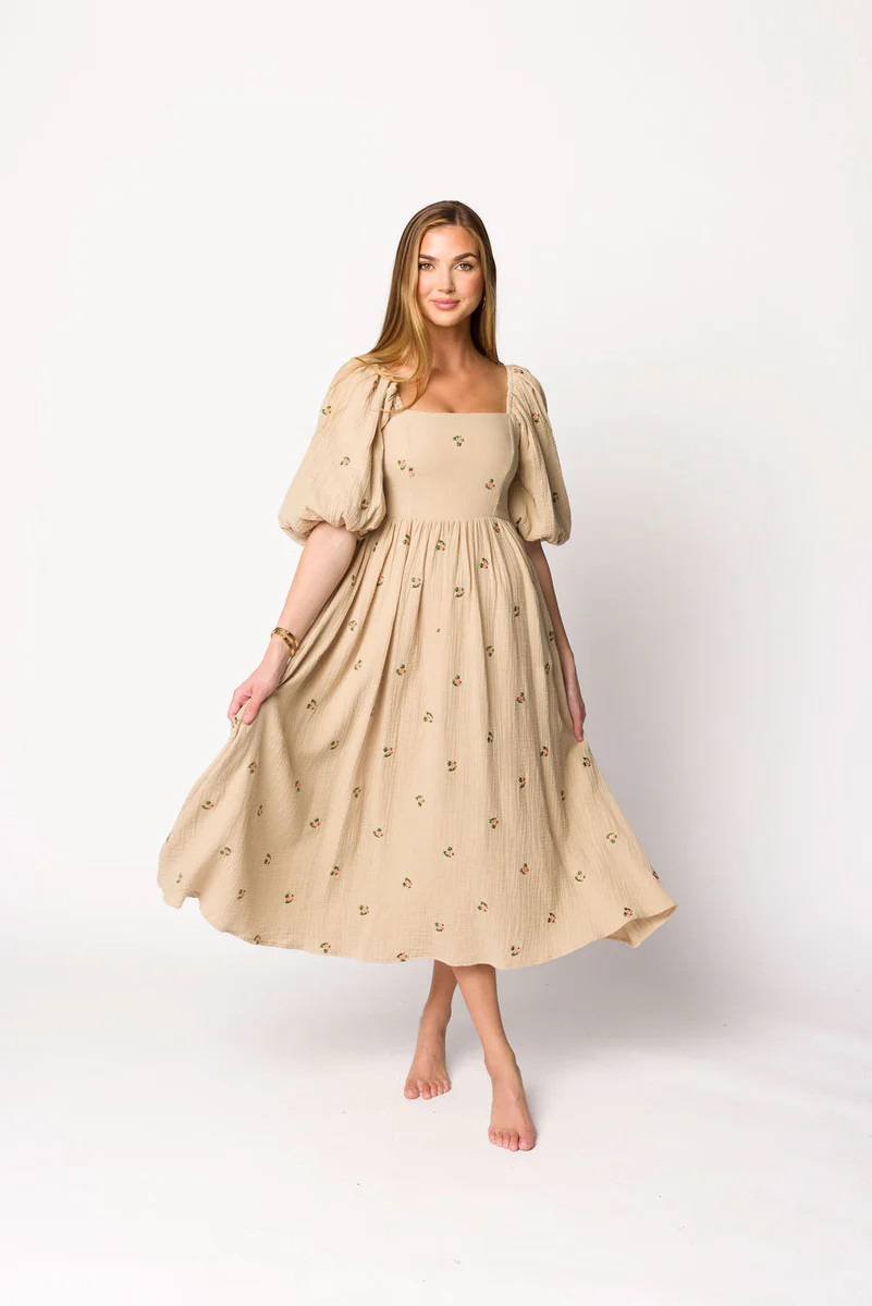 Natalie Embroidered Floral Midi Dress in Taupe | Worth Collective