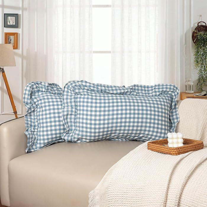 12"x20" Throw Pillow Covers, Smoke Blue Scalloped Cotton Plaid Gingham Ruffle Decor Pillowcase Fa... | Amazon (US)