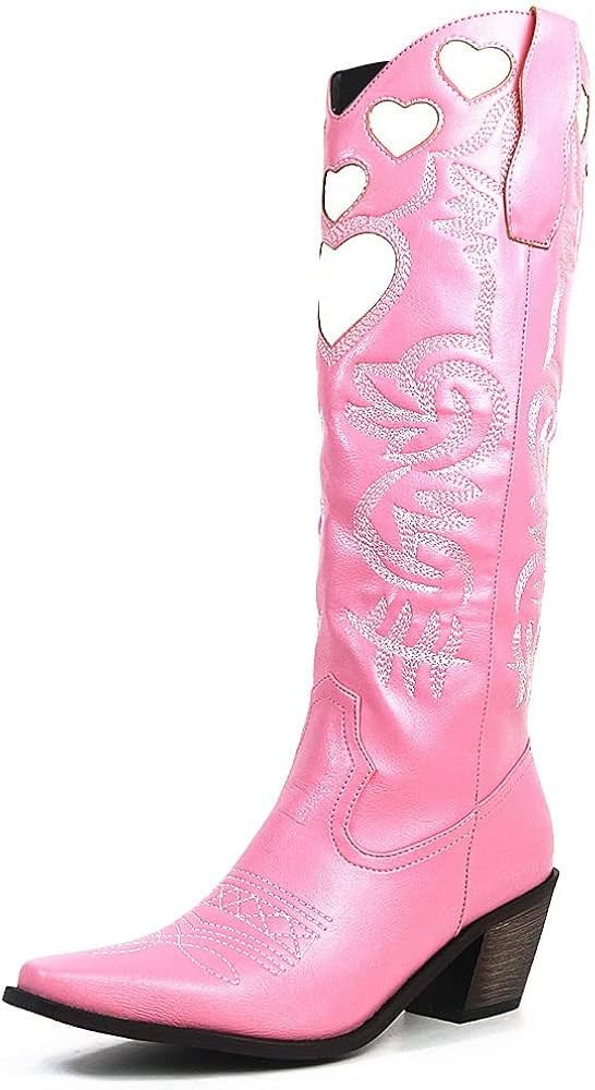 Womens Knee High Boots Vintage Embroidered Chunky Heel Pointed Toe Cute Heart Party Cowboy Wester... | Amazon (US)