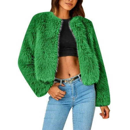SMihono Deals Ladies Faux Trench Coats Women Plush Winter Warm Coat Fluffys Fleece Turn-down Collar Faux Furs Top Short Loose Coat Green 8 | Walmart (US)