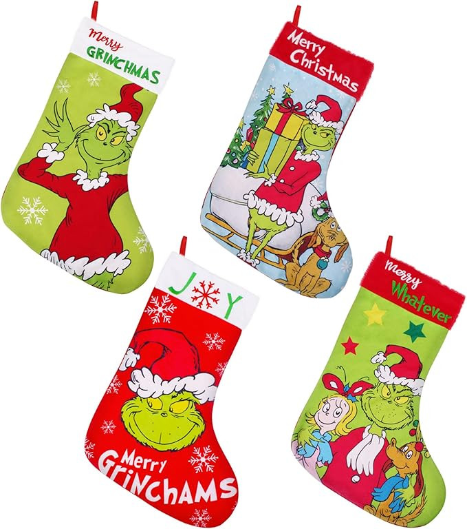 GYGOT 4 Pack Grinchs Christmas Stocking,18 Inch Large Grinchs Stockings Christmas Whoville Decora... | Amazon (US)