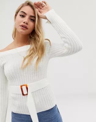 ASOS DESIGN off shoulder rib knit sweater with belt detail | ASOS US