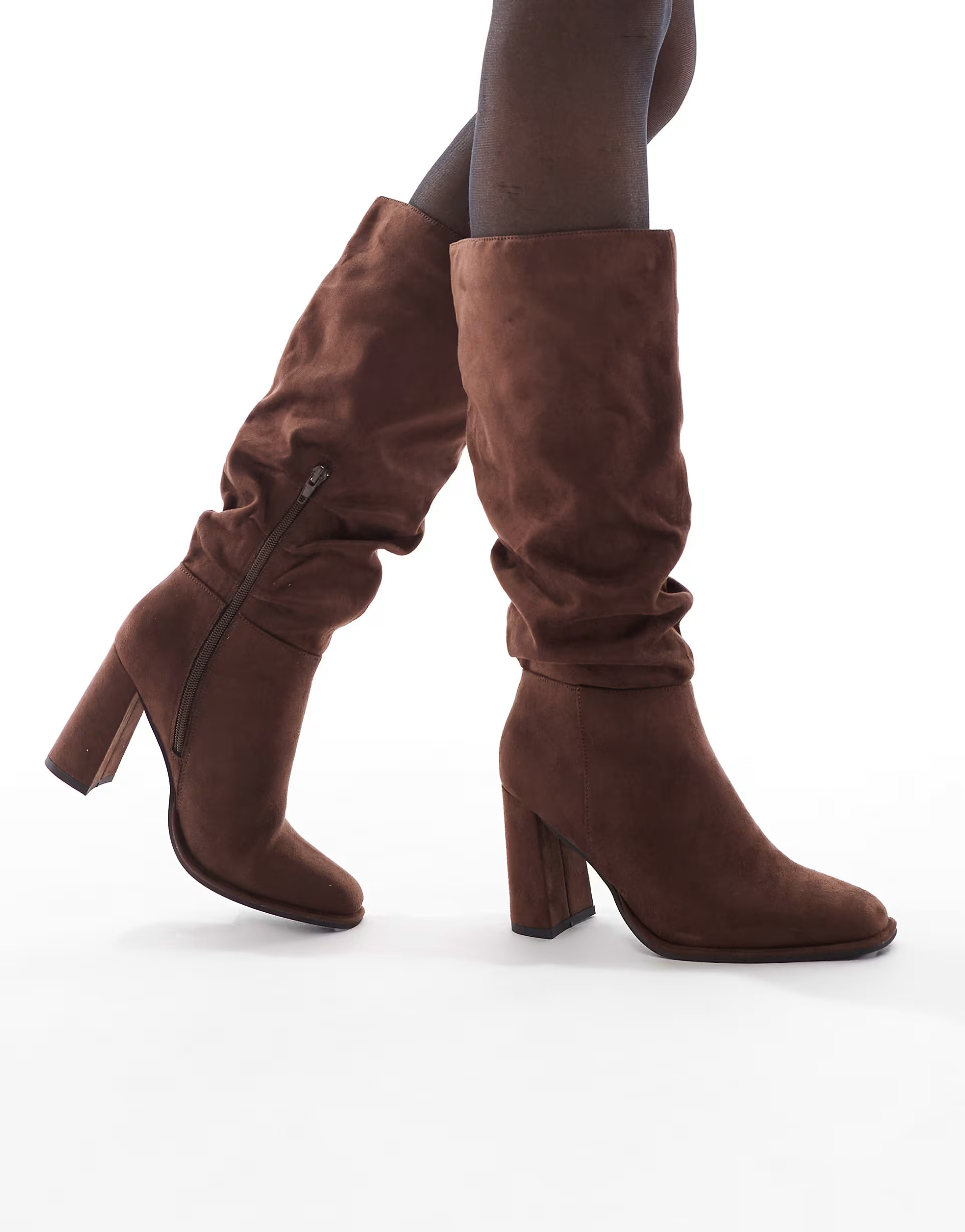 London Rebel Maggie slouchy block heel boots in chocolate | ASOS (Global)
