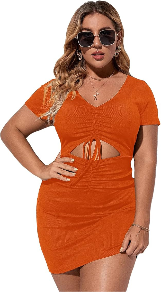 Romwe Women's Plus Size Casual Drawstring Twist Front Cut Out V Neck Short Sleeve Summer Sexy Bodyco | Amazon (US)