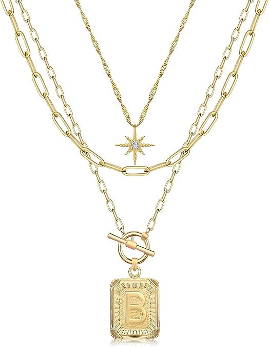 MJartoria Layered Initial Necklaces for Women Trendy, 14K Gold Plated Simple Star Choker Square L... | Amazon (US)