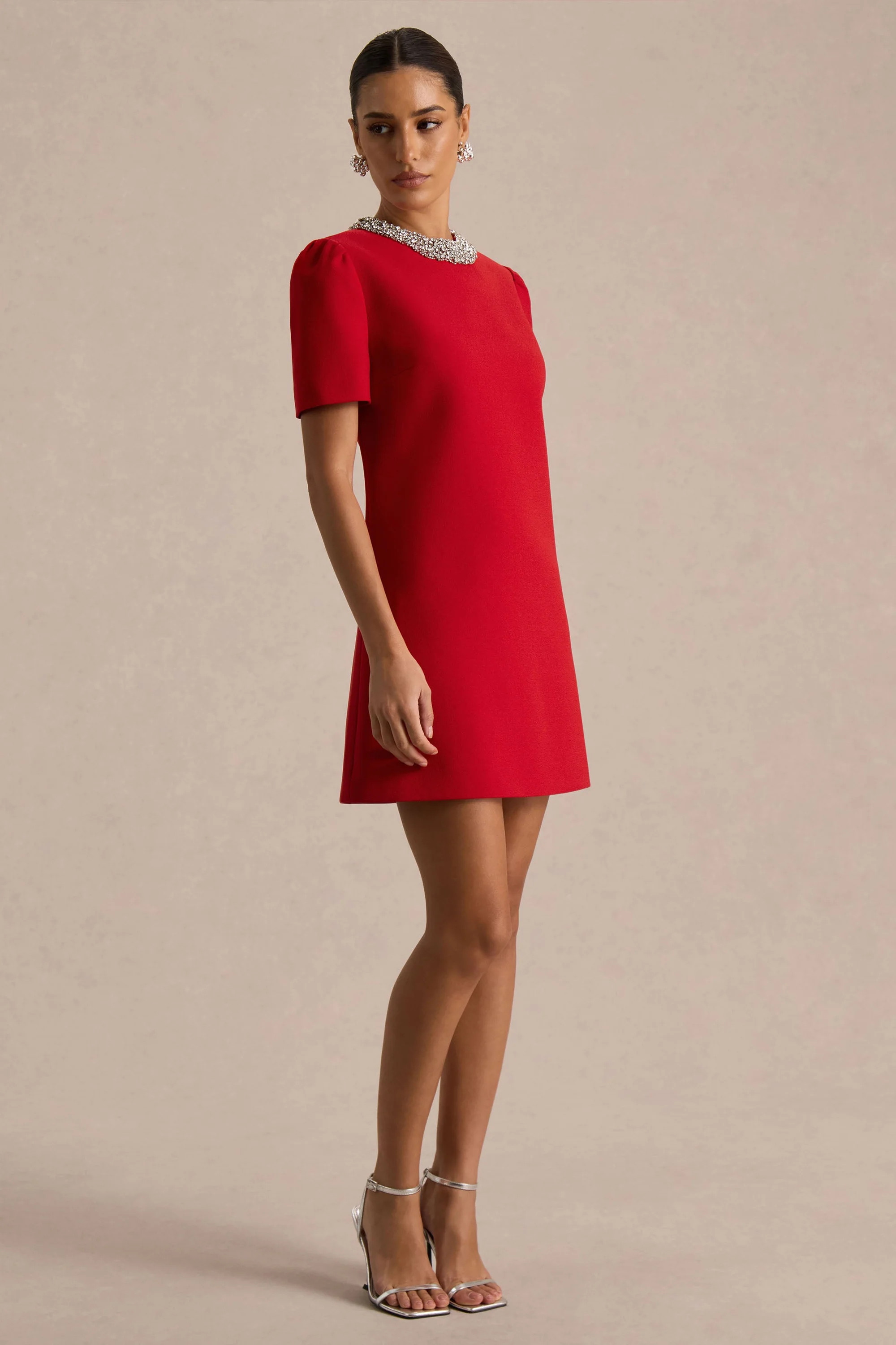 Jackie  Red Embellished High-Neck Mini Dress | Club L London
