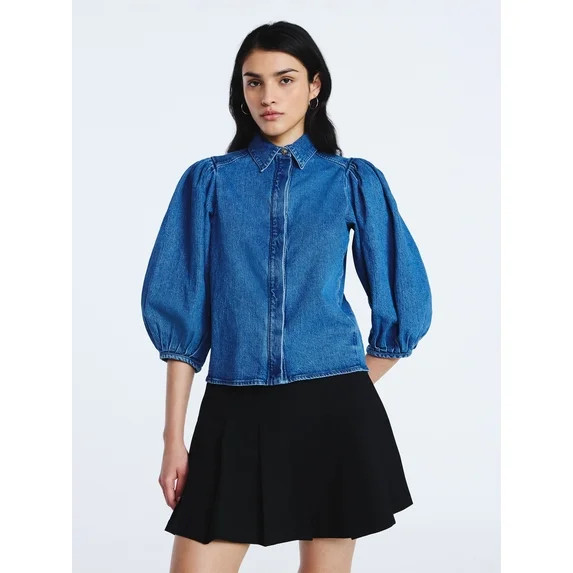 Scoop Women’s Denim Shirt with 3/4 Length Puff Sleeves, Sizes XS-XXL | Walmart (US)