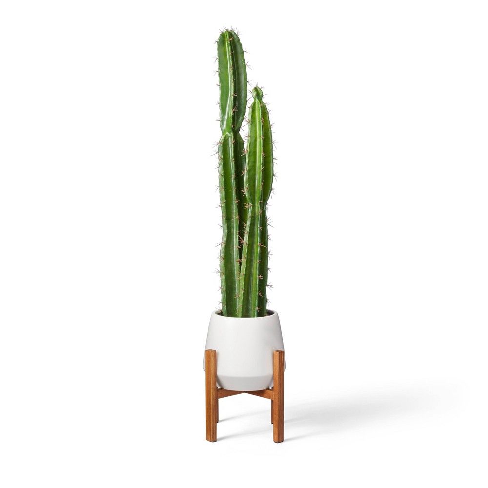 47"" x 11"" Faux Cactus Plant with Wood Stand Planter White - Hilton Carter for Target | Target